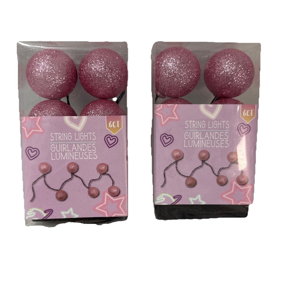 Pink Glitter Round LED String Lights 6ct. Battery Operated New Set 2